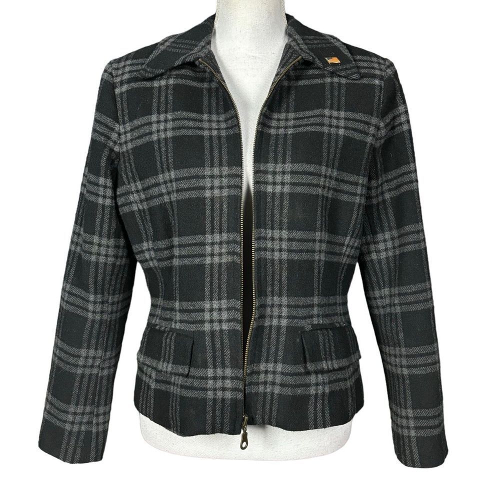 Plaid Zip-Front Blazer Jacket - Black & Gray